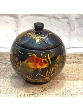 Vintage Asian Black Lacquer Lidded Bowl Hand Painted Goldfish Koi Trinket box